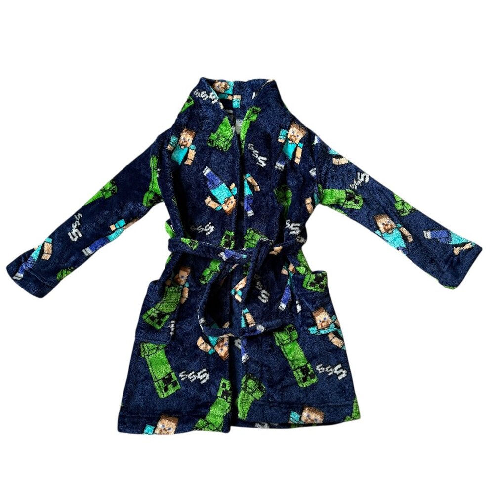 Minecraft boys 6/7 super soft blue long sleeve bathrobe with tie and pockets
